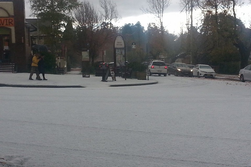 Snow covers the streets of Blackheath, Blue Mountains on April 25, 2015