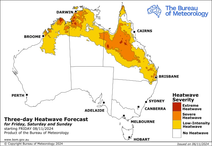 A map of Australia showing heatwaves forecast for northern WA, NT, Queensland and NSW