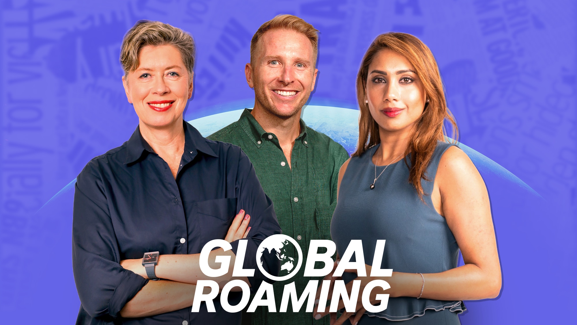 Promotional photo of two women and a man in the middle on a purple background.