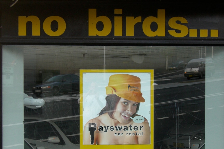 Bayswater Car Rental poster from 2006, featuring the woman in the hat and the no birds slogan.