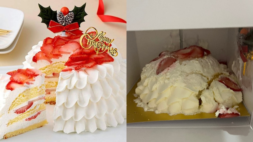 A composite: on left an ad photo of a perfect cream and strawberry cake, on right a squished and melted cake
