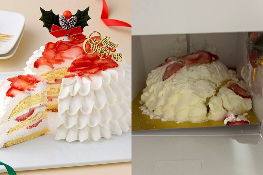 A composite: on left an ad photo of a perfect cream and strawberry cake, on right a squished and melted cake