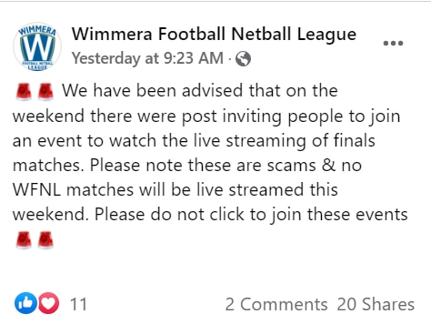 screenshot of a facebook post of a football club warning people not to join live streaming links.