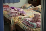 Three children's beds with folded blankets and soft toys at the foot of each bed