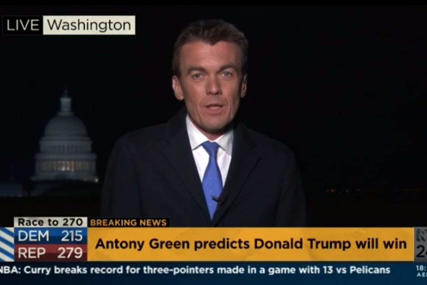 Still from News Breakfast election coverage showing Rowland presenting at night from outside Capitol Building.