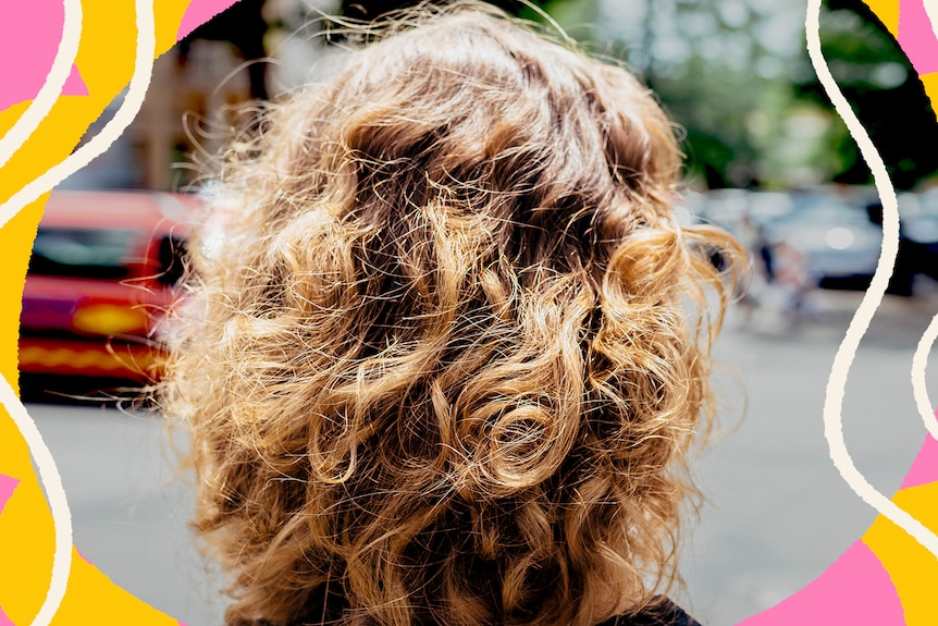 The back of a woman's head. She has curly, frizzy blonde and brown hair that comes to her shoulders. 