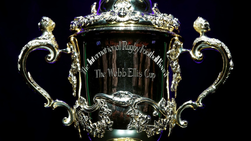 A close-up photo of the Webb Ellis Cup.