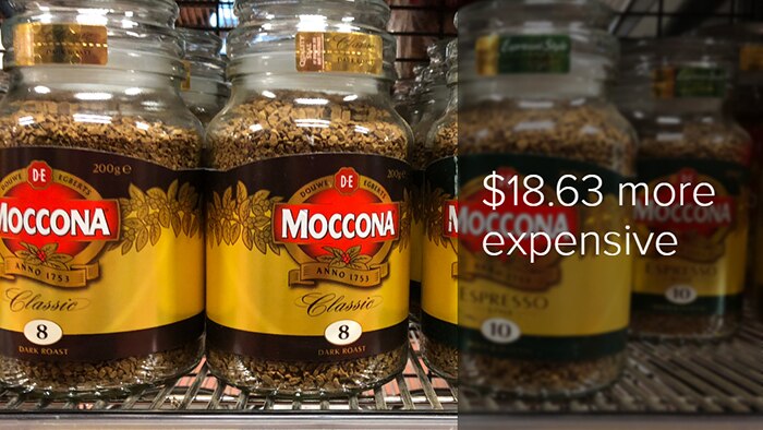 Jar of Moccona instant coffee on the Doomadgee supermarket shelf is $18.63 more expensive than in Brisbane.