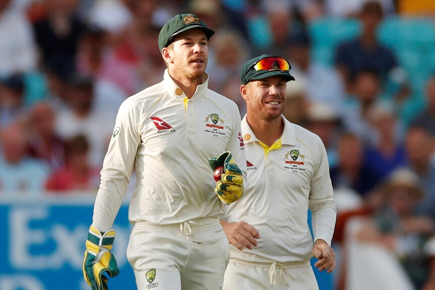 Tim Paine and David Warner walk together with half-smiles on their faces