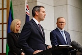 Two men and a woman in suits stand behind podiums in front of a doorway into Parliament House.