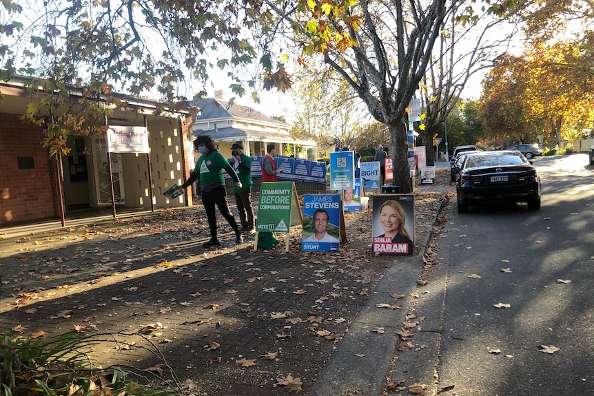 Posters and people handing out how to vote cards at a hall among trees