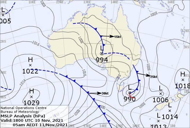 Synoptic map showing low and connected trough over outback south Australia