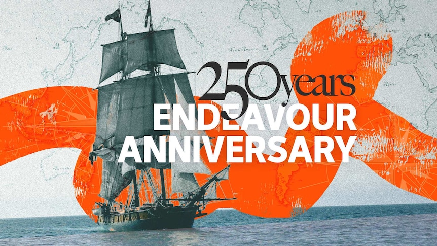 A collage of a tall ship and a old map behind it with the text '250 years Endeavour Anniversary' in front.