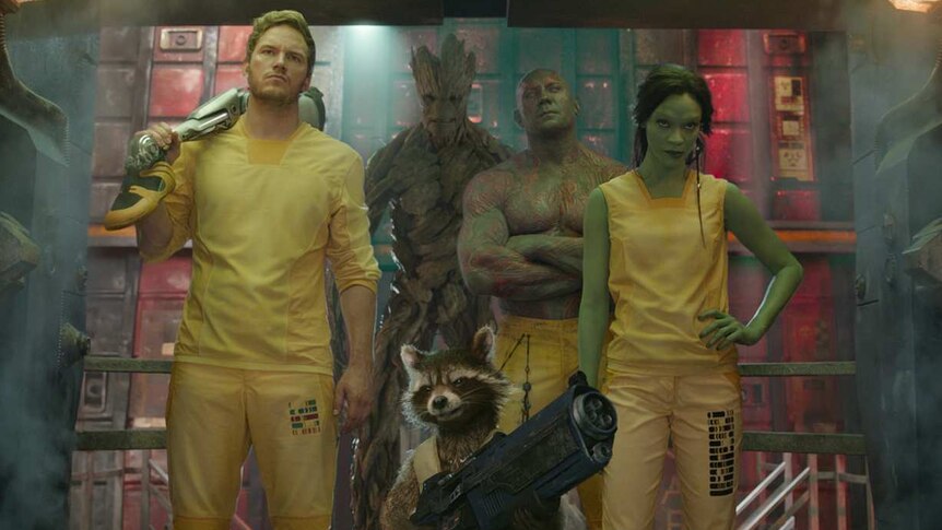 The Guardians of the Galaxy in yellow prison outfits.