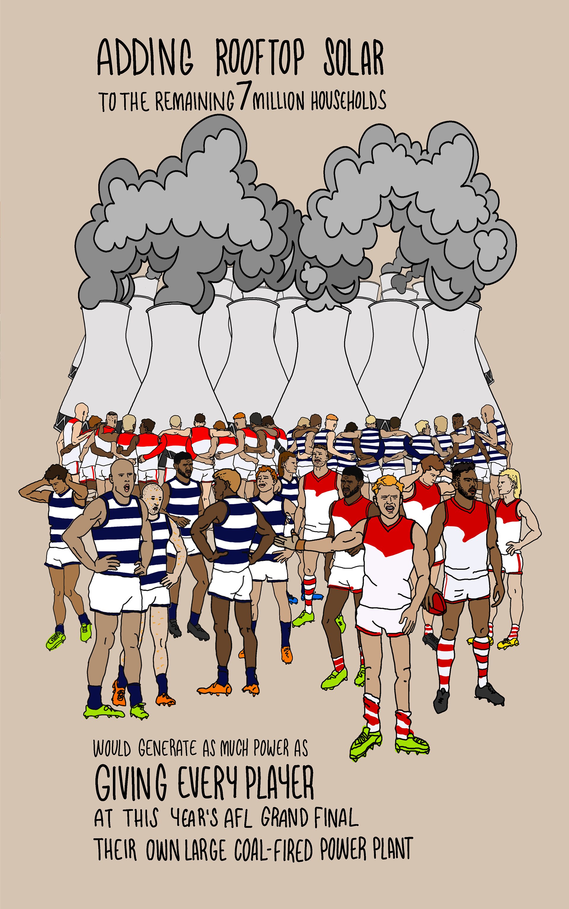 A crowd of several dozen footy players standing in front of a coal-fired power plant smoke stacks