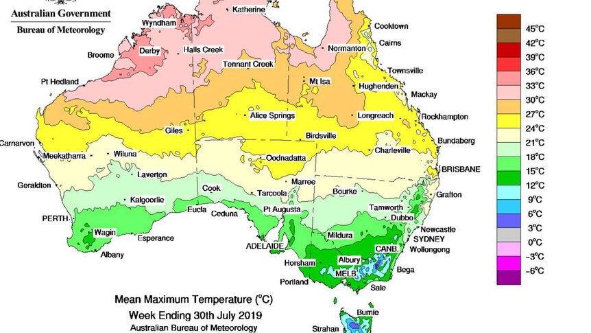 A map of Australian mean maximum temperatures for the last week of July