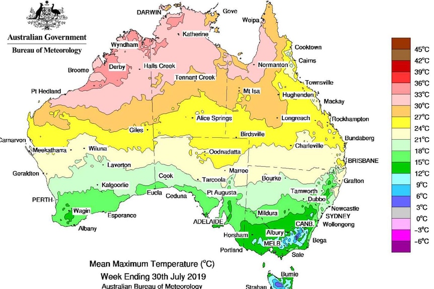 A map of Australian mean maximum temperatures for the last week of July