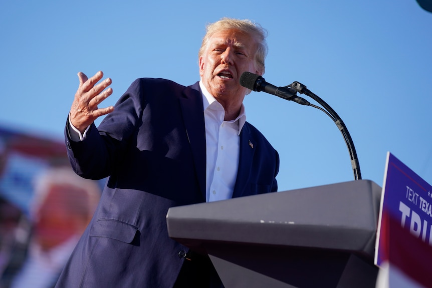 Former President Donald Trump speaks at a campaign rally at Waco Regional Airport.