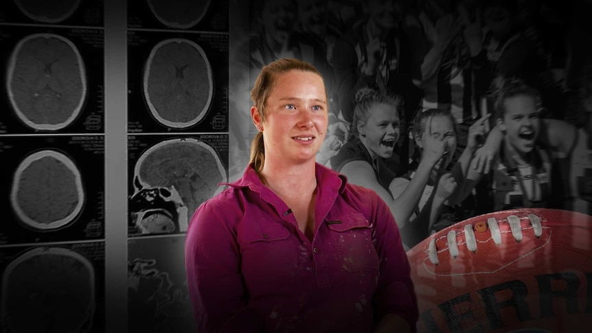 Young woman looks ahead, images of brain scans and football players in the background.