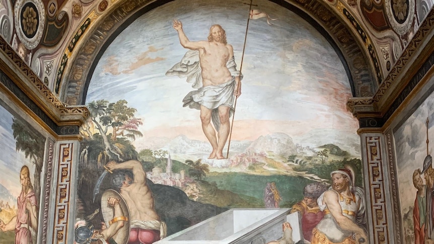 Aurelio and Giovan Pietro Luini: The Resurrection — Bergamina Chapel, Saint Maurice at the Monastery of Milan. The commission to Giovan Pietro and Aurelio Luini of the wall decorations of this chapel dates, as documented by the contract, to 6 May 1555 Commissioned by the abbess of the Benedictine monastery, Gerolama Brivio, who wanted to commemorate the death of Bona del Monastirolo, sister of Giovanni Paolo Sforza and sister-in-law of Violante Bentivoglio. The name of the chapel derives from Bona's husband, Giovanni Pietro Bergamini, son of Ludovico Bergamini and Cecilia Gallerani, who is best known as the subject of Leonardo da Vinci's painting The Lady with an Ermine (circa 1489).