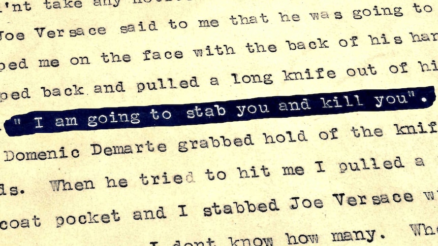 Close up of typed document on yellowed paper. Words "I am going to stab you and kill you" are highlighted.