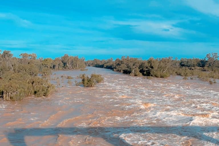 Photo of raging floodwaters in a river.  Raging!