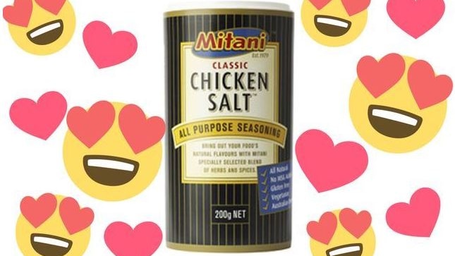 container of chicken salt on white background with love heart emojis