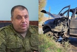 Composite of a man in army fatigues next to a blown up car 