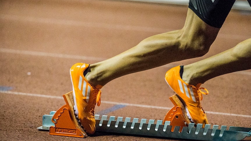 A shot of the lower body of an athlete with muscles strained and feet on the blocks before a sprint.