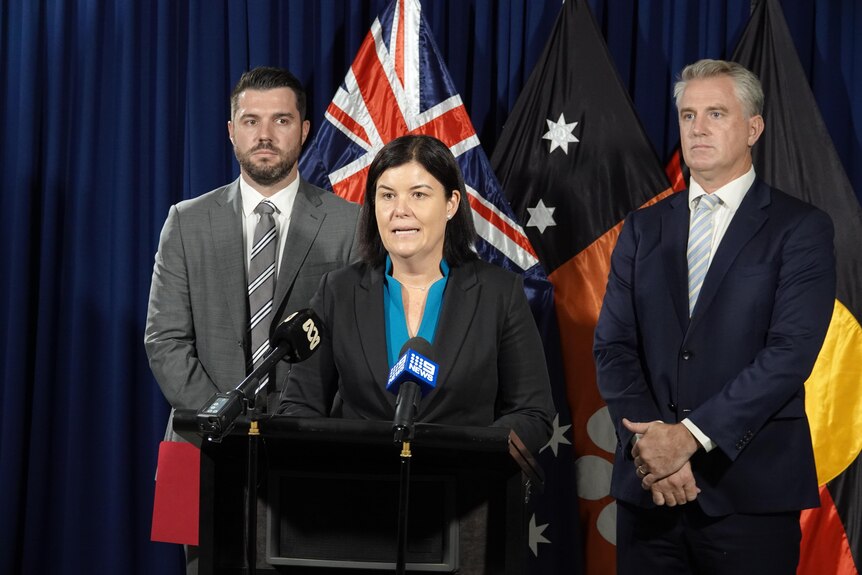 NT Chief Minister Natasha Fyles and newly appointed ministers Brent Potter and Joel Bowden at a press conference.