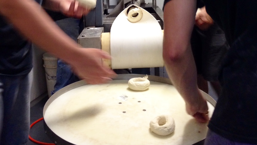 Bagels coming out of the bagel machine.