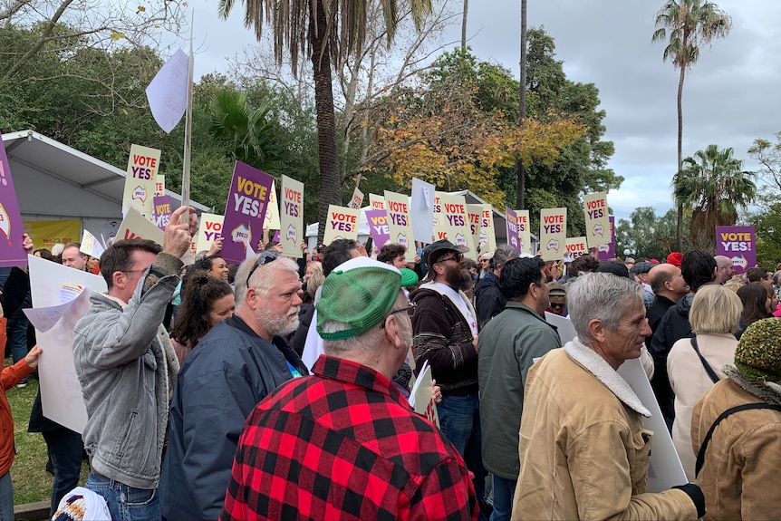 The crowd at Adelaide's Come Together For Yes rally hold 'vote yes' signs