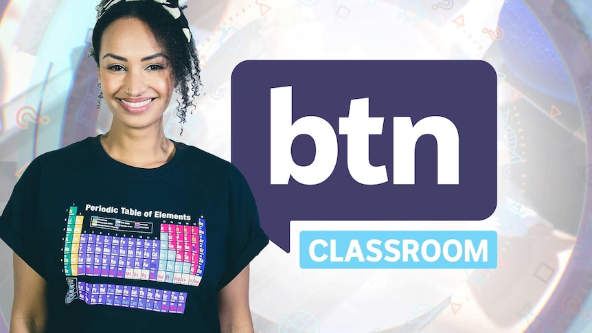 Amelia, wearing a periodic table t-shirt, stands next to the BTN logo.
