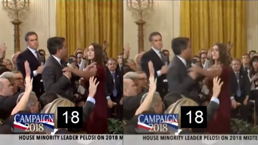 A comparison of the C-SPAN video and Sarah Sanders's tweeted video of the intern reaching for Jim Acosta's microphone.