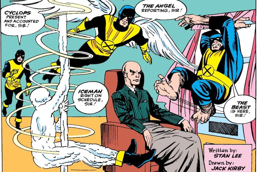 The mutant heroes Cyclops, Beast, Iceman and Angel, led by Professor X, in the X-Men's 1963 comic debut.