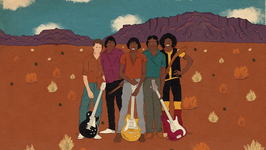 Acartoon drawing of the five members of The Warumpi Band standing together on red dirt, holding their instruments.