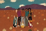 A cartoon image of Warumpi Band standing in the desert in front of a big rock