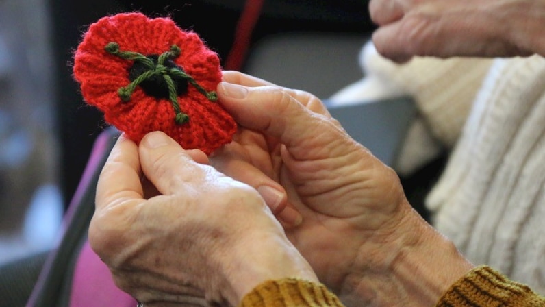 A woman's hands hold a decorative red poppy she has knitted.