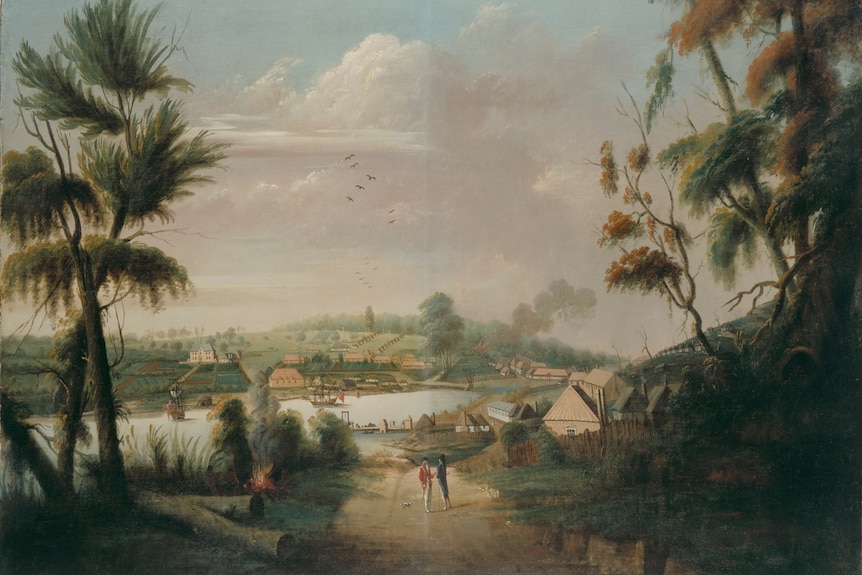 An oil painting of Sydney Cove, or Warrane, in 1794.