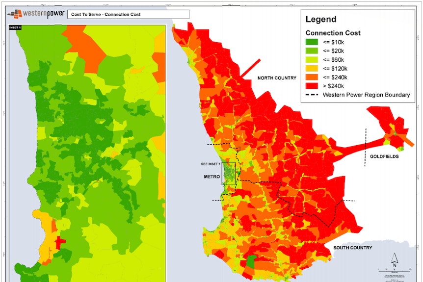 Colour map showing (from cheapest in green to dearest in red) costs of supplying electricity across Western Power's network