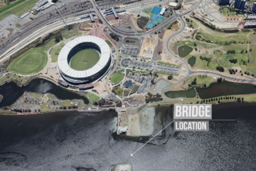 An aerial view of the location of the new Matagarup Bridge set to connect East Perth to Perth Stadium.