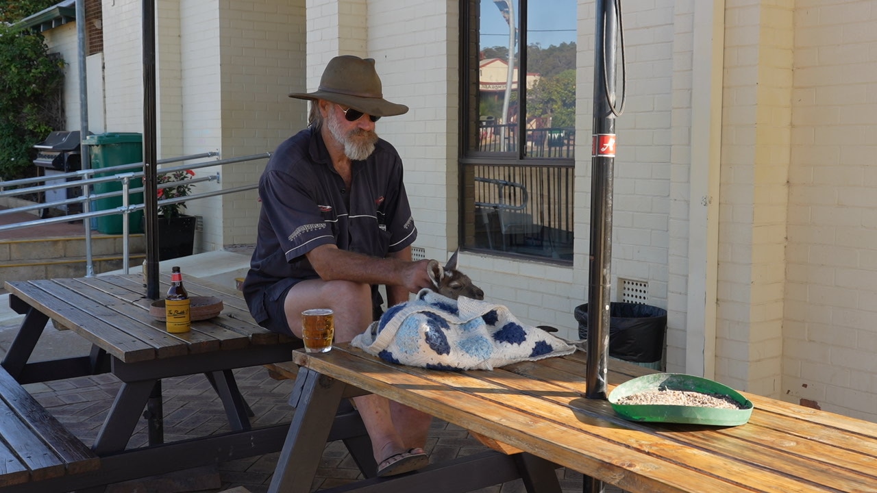 un hombre y un canguro se sientan en una mesa 