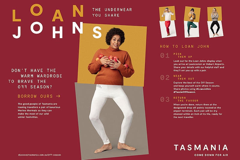 A retro picture of a person wearing Loan Johns in a Tourism Tasmania winter campaign Off Season