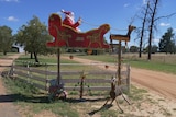 Red santa sleigh and reindeer hoisted in the air with wooden reindeer and presents below 