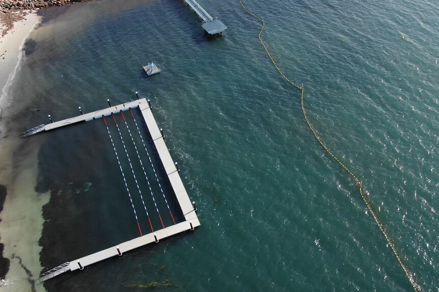 An aerial shot of the lap pontoon and shark barrier. A slide and small jetty are also pictured