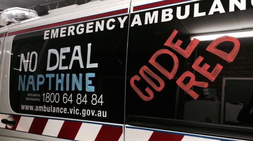 Victorian ambulance with No Deal Napthine written on the windows
