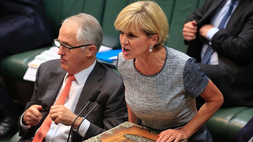 Foreign Minister Julie Bishop shouts across the chamber during Question Time.