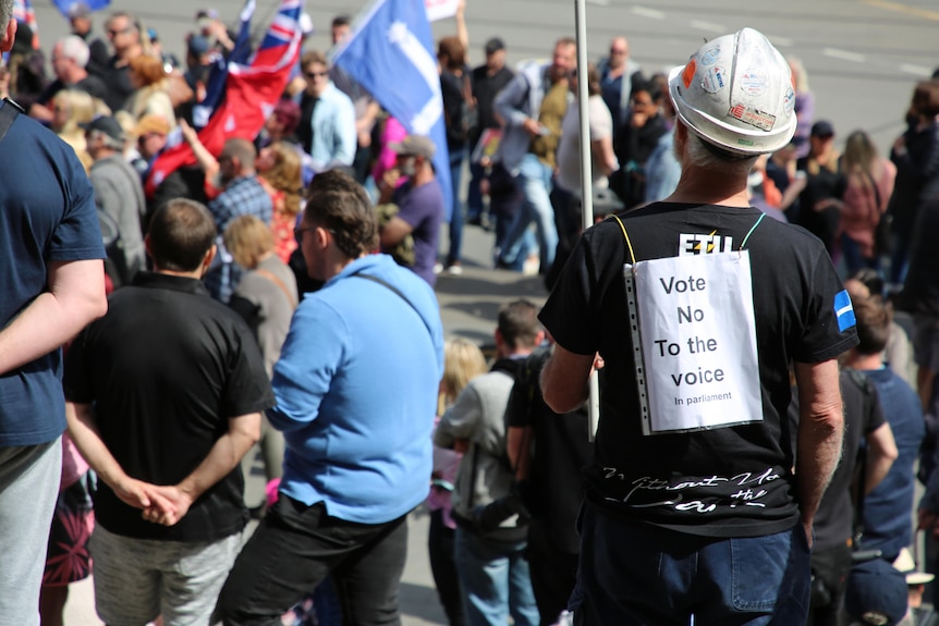 A crowd of people, a man with a piece of paper reading 'vote no to the voice' on his back