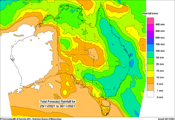 A map of Australia with green highlights along the eastern seaboard indicating more than 50mm of rainfall over the next week.