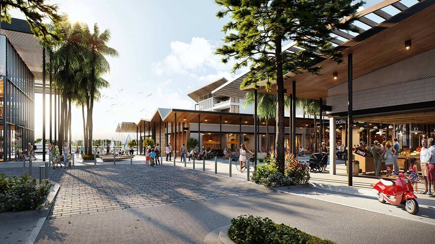 A visualisation of stage one of the Shell Cove retail precinct leading into the new boat harbour.